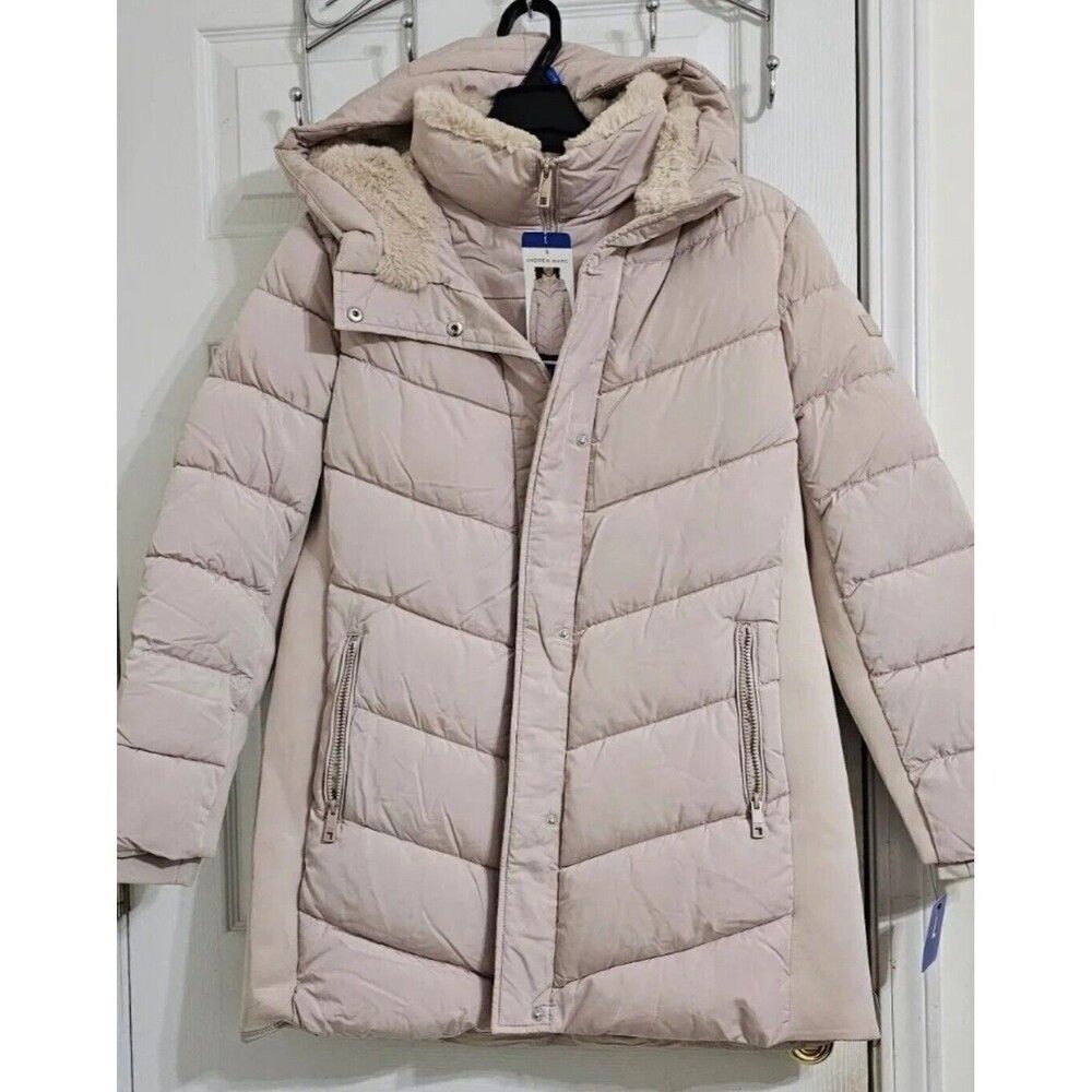 Andrew Marc Women's XL Beige Mixed Media Walker Jacket Puffer Coat Faux Fur Trim - Picture 4 of 6